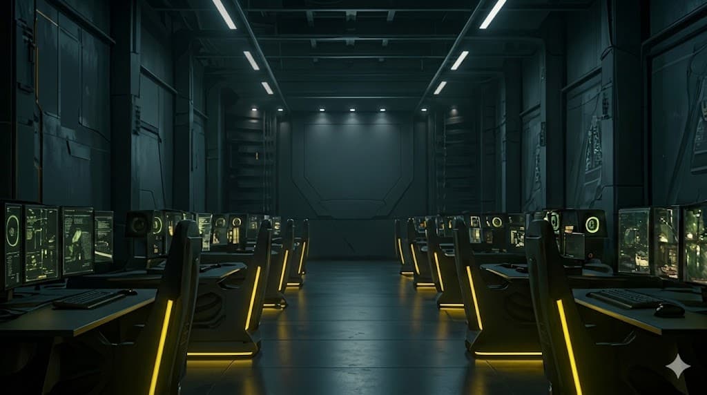 Futuristic gaming lab with high-performance PC workstations