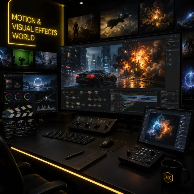 Professional motion graphics triple workspace platform layout setup
